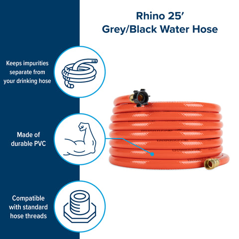 Manguera de limpieza Camco Rhino de 7,6 m (gris/negra) | 22990 | 7,6 m (25 pies) | Diámetro interior de la manguera: 1,6 cm (5/8")