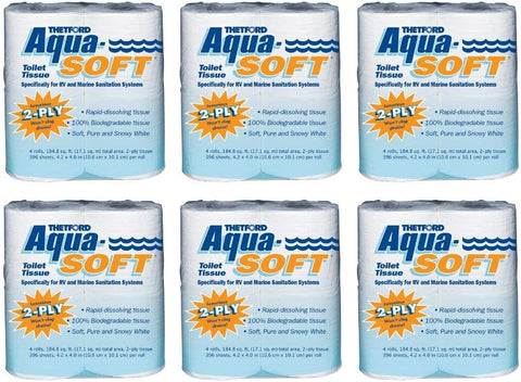 Thetford | Papel higiénico Aqua-Soft de 2 capas para autocaravanas | 03300-6 | 6 paquetes de 4