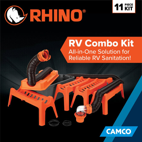 Camco | Rhino FLEX 20' Sewer Hose | 43075 | Includes Support Cradle and Storage Box | Clear Elbow | 4-In-1 Adapter | Black / Red