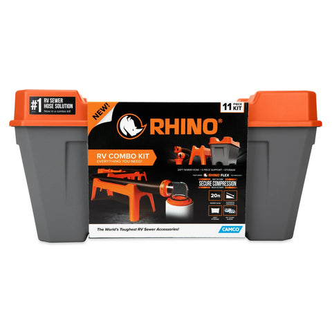 Camco | Rhino FLEX 20' Sewer Hose | 43075 | Includes Support Cradle and Storage Box | Clear Elbow | 4-In-1 Adapter | Black / Red