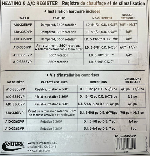 Valterra | Rejilla de aire acondicionado de techo ajustable de 5" | A10-3358VP | Redonda | Blanca