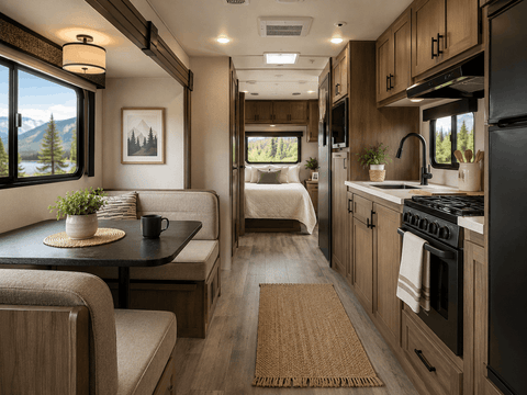 A fully furnished modern RV. The image shows the kitchen area, booth seating, rug, and a bed, with a picturesque view out of the window.