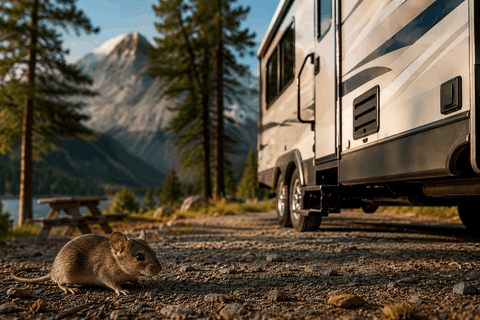mouse near an RV with mountains in the background