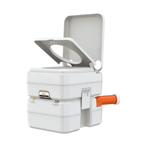 Seaflo SFPT-20-02 Portable Camping Toilet - Rear Angle Showing Orange Waste Drain Spout | United RV Parts