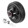 Lippert 10" Cast Iron Brake Hub Kit 2024013264 - Angled View with Hardware, 5 on 4.5" Bolt Pattern | United RV Parts