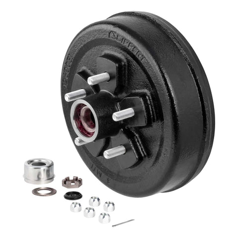 Lippert 10" Cast Iron Brake Hub Kit 2024013264 - Angled View with Hardware, 5 on 4.5" Bolt Pattern | United RV Parts