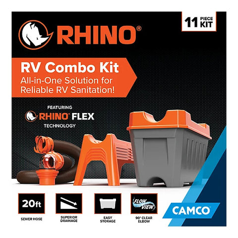 Camco | Rhino FLEX 20' Sewer Hose  | 43075 | Includes Support Cradle and Storage Box | Clear Elbow | 4-In-1 Adapter | Black / Red