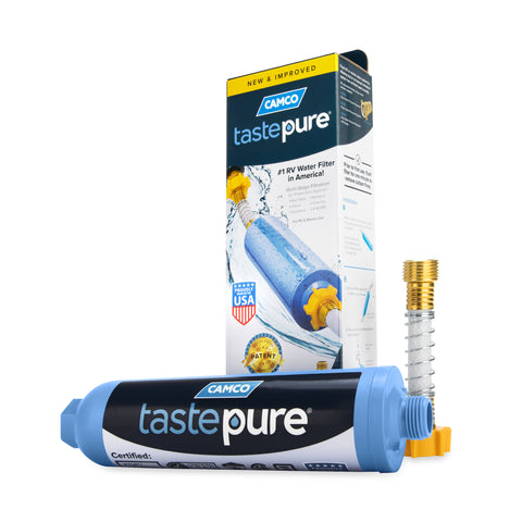 Camco | TastePURE RV / Marine In Line Water Filter with Flexible Hose Protector | 40043