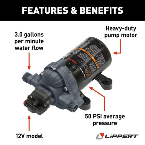 Lippert | Flow Max Water Pump | 689052 | 12 V | 3.0 GPM | 50 PSI