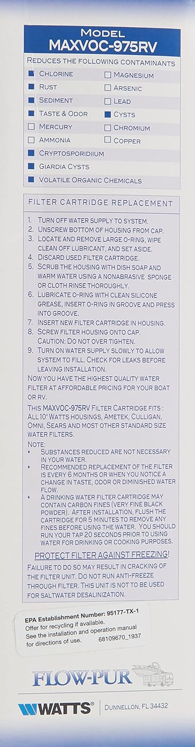 Watts | RV Fresh Water #6 Cartridge Filter Replacement | MAXVOC-975RV