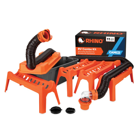 Camco | Rhino FLEX 20' Sewer Hose  | 43075 | Includes Support Cradle and Storage Box | Clear Elbow | 4-In-1 Adapter | Black / Red