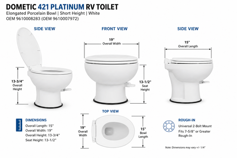Dometic | 421 Platinum RV Toilet W/ Elongated Porcelain Bowl | 9610008283 | 9610007972  | Short Height | White