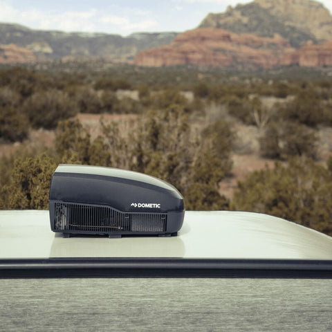 Black Dometic FreshJet 4 13,500 BTU RV Roof Air Conditioner FJX4473EBKCS Installed on RV Roof - Desert Landscape | United RV Parts