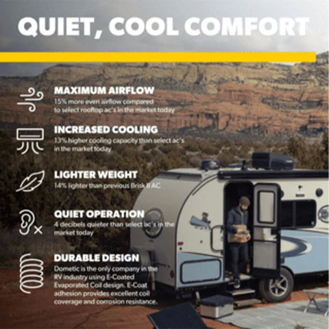 Dometic FreshJet 4 RV Air Conditioner FJX4473EBKCS - Feature Infographic: Max Airflow, Increased Cooling, Quiet Operation | United RV Parts