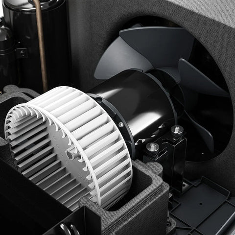 Dometic FreshJet 4 RV AC FJX4473EBKCS - Close-Up of Dual Fan Blower and Condenser Assembly | United RV Parts