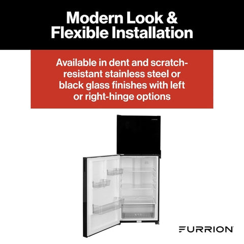 Furrion | 10.6 Cu. Ft. RV Refrigerator | 2024120713 | FCR11DCGTA-BG-LHH-B | Left Hand Hinge | 12v DC | 2 Door | Black Gloss