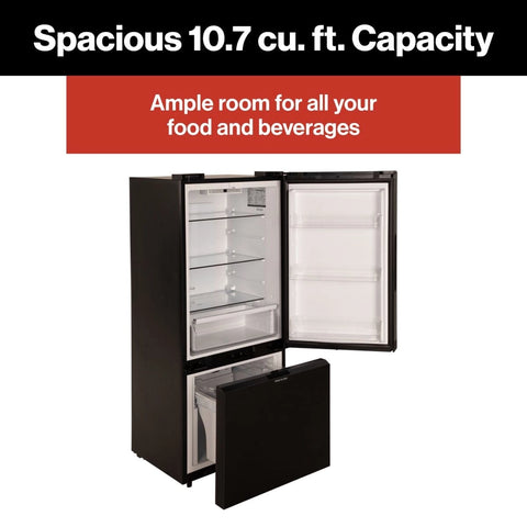 Furrion | 10.7 Cu. Ft. RV Refrigerator | 2023047118 | FCR10DCGBA-BG-DS | 12v DC | 10.7 Cu. Ft. | Bottom Freezer | Black Glass Finish