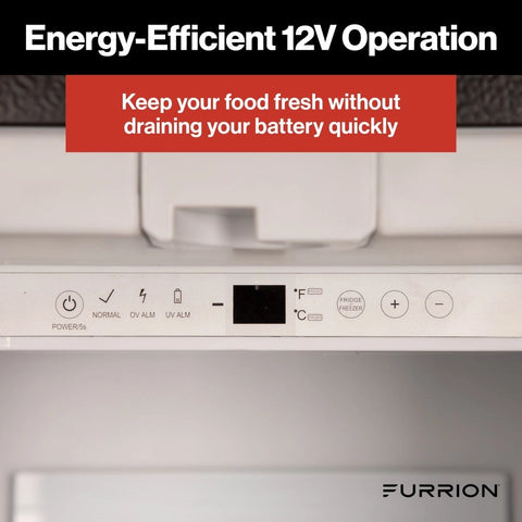 Furrion | 10.7 Cu. Ft. RV Refrigerator | 2023047118 | FCR10DCGBA-BG-DS | 12v DC | 10.7 Cu. Ft. | Bottom Freezer | Black Glass Finish