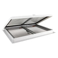 White Hengs 48621-C2 RV Skylight Emergency Hatch - Angled Open View Showing Lid & Metal Frame | United RV Parts