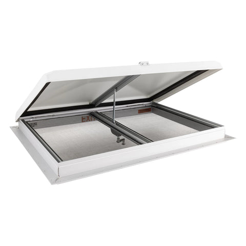 White Hengs 48621-C2 RV Skylight Emergency Hatch - Angled Open View Showing Lid & Metal Frame | United RV Parts