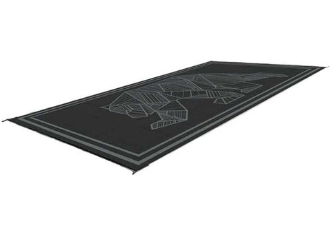 Black Kuma Bear Outdoor RV Mat 18x9 - Angled View Showing Full Size and Geometric Bear Design | United RV Parts