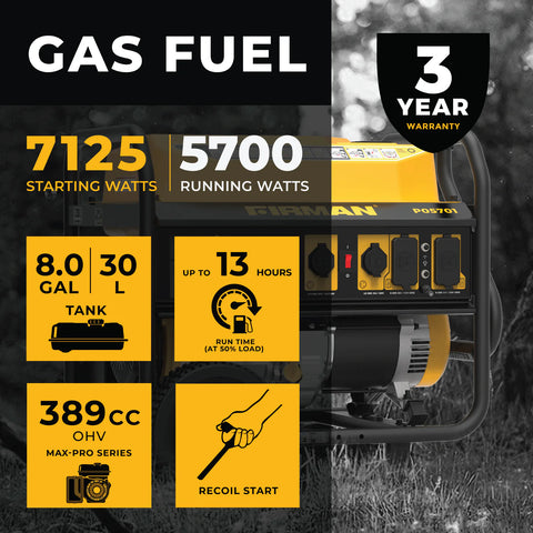 FIRMAN | 5,700 Watt Portable Generator | P05701 | Gas | 120/240V | with Wheels | Recoil Start