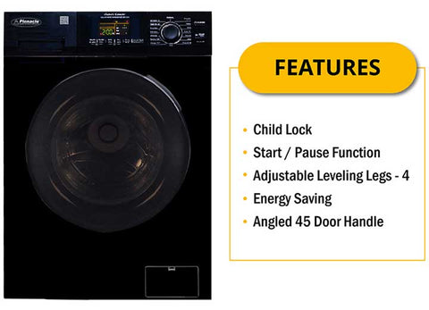 Pinnacle | Clothes Washer / Dryer Combo Unit | 22-4600LB | Front Load | 110 Volt AC | 15 LB Load Capacity | 11 Wash Cycles And 3 Dry Cycles | Black