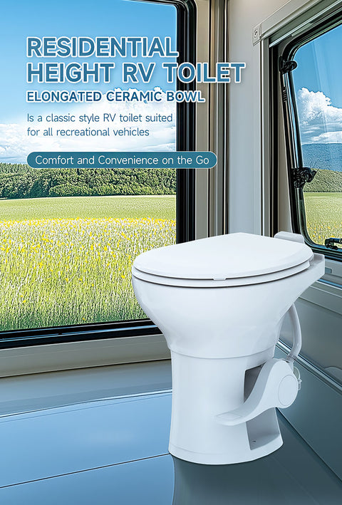 Seaflo | Residential Height RV Toilet | SFRTCH-02-01 | Elongated Ceramic Bowl | Foot Pedal | White