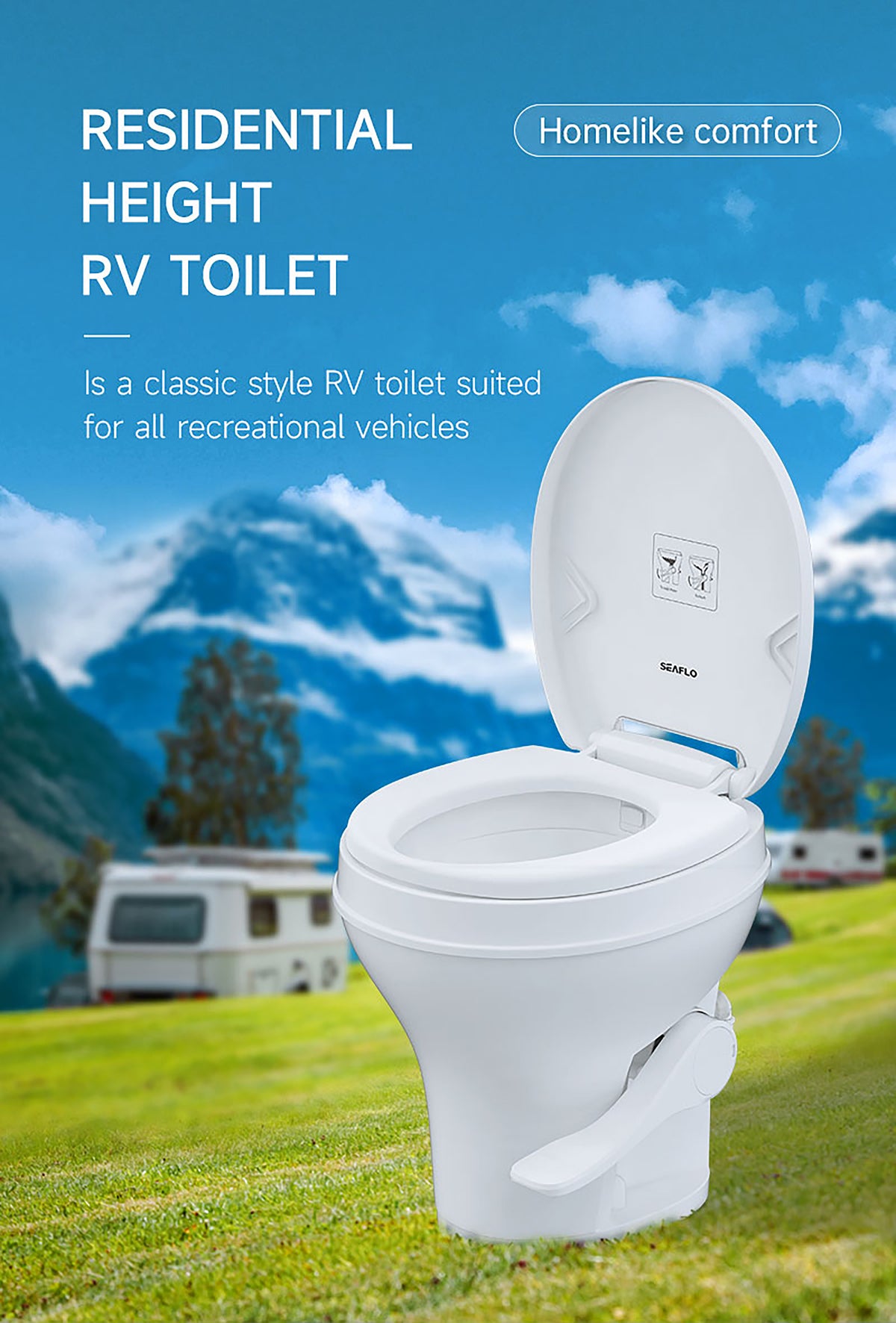 Seaflo | Residential Height RV Toilet-Plastic | Foot Pedal | SFRTPH-01