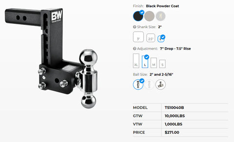 B&W Hitches | Trailer Hitch Ball Mount | TS10040B | Dual Ball 7" Drop | Black