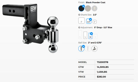B&W Hitches | Trailer Hitch Ball Mount | TS20037B | Dual Ball 5" Drop - 2.5" Receiver | Black