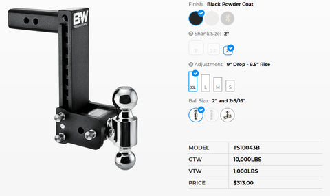 B&W Hitches | Trailer Hitch Ball Mount | TS10043B | Dual Ball 9" Drop | Black