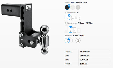 B&W Hitches | Trailer Hitch Ball Mount | TS30040B | Dual Ball 7.5" Drop - 3" Receiver | Black