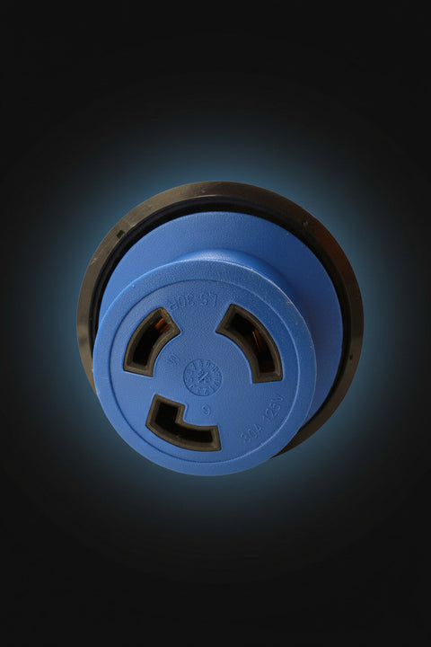 Blue RV Power Cord Detachable Connector Close-Up - Green Power Indicator Light Detail | United RV Parts