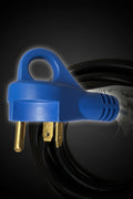 Blue TT-30P Male Plug Close-Up with Gold Brass Prongs - 30 AMP RV Shore Power Cord | United RV Parts