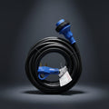 Black 30 AMP RV Power Cord SP30A25DETACH Coiled Upright - Both Blue Connectors Visible | United RV Parts