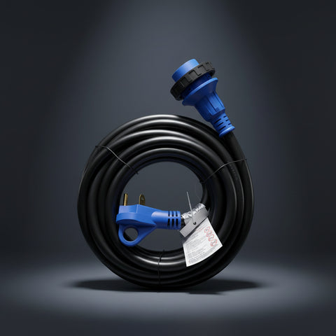 Black 30 AMP RV Power Cord SP30A25DETACH Coiled Upright - Both Blue Connectors Visible | United RV Parts