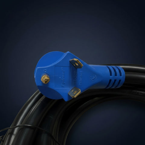 Blue TT-30P RV Plug Face View Showing Gold Contact Pins - SP30A25HDWR 30 Amp Hardwired Power Cord | United RV Parts