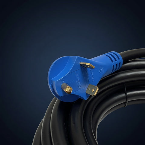Superior Products SP30A25HDWR 25 Ft 30 Amp RV Power Cord Coiled - Blue Plug and Bare Wire Hardwire End Top View | United RV Parts
