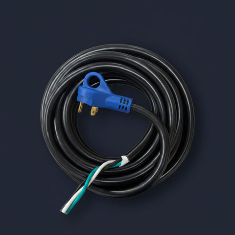 Black 25 Ft 30 Amp Hardwired RV Shore Power Cord SP30A25HDWR Coiled with Blue TT-30P Plug - Overhead View | United RV Parts