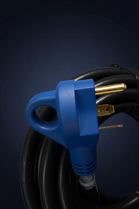 Close-Up of Blue 30 Amp RV Plug with Pull Handle and Gold Prongs - SP30A25HDWR Hardwired Shore Power Cord | United RV Parts