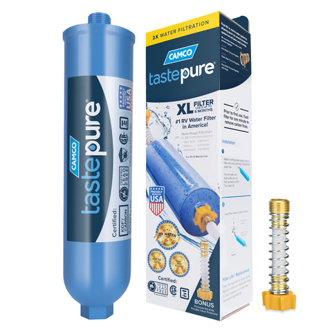 Camco | TastePURE XL RV / Marine Water Filter with Flexible Hose Protector | 40019