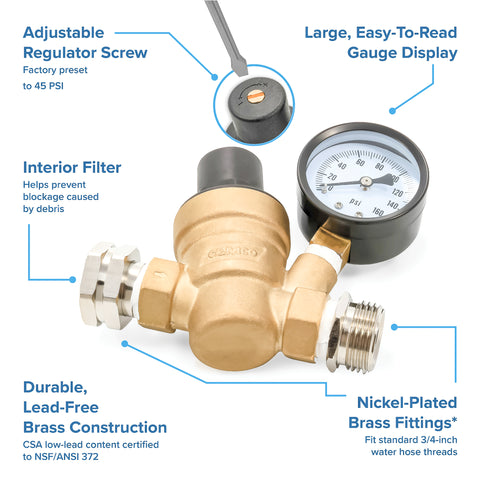 Camco | Adjustable Water Pressure Regulator | 40058 | Brass